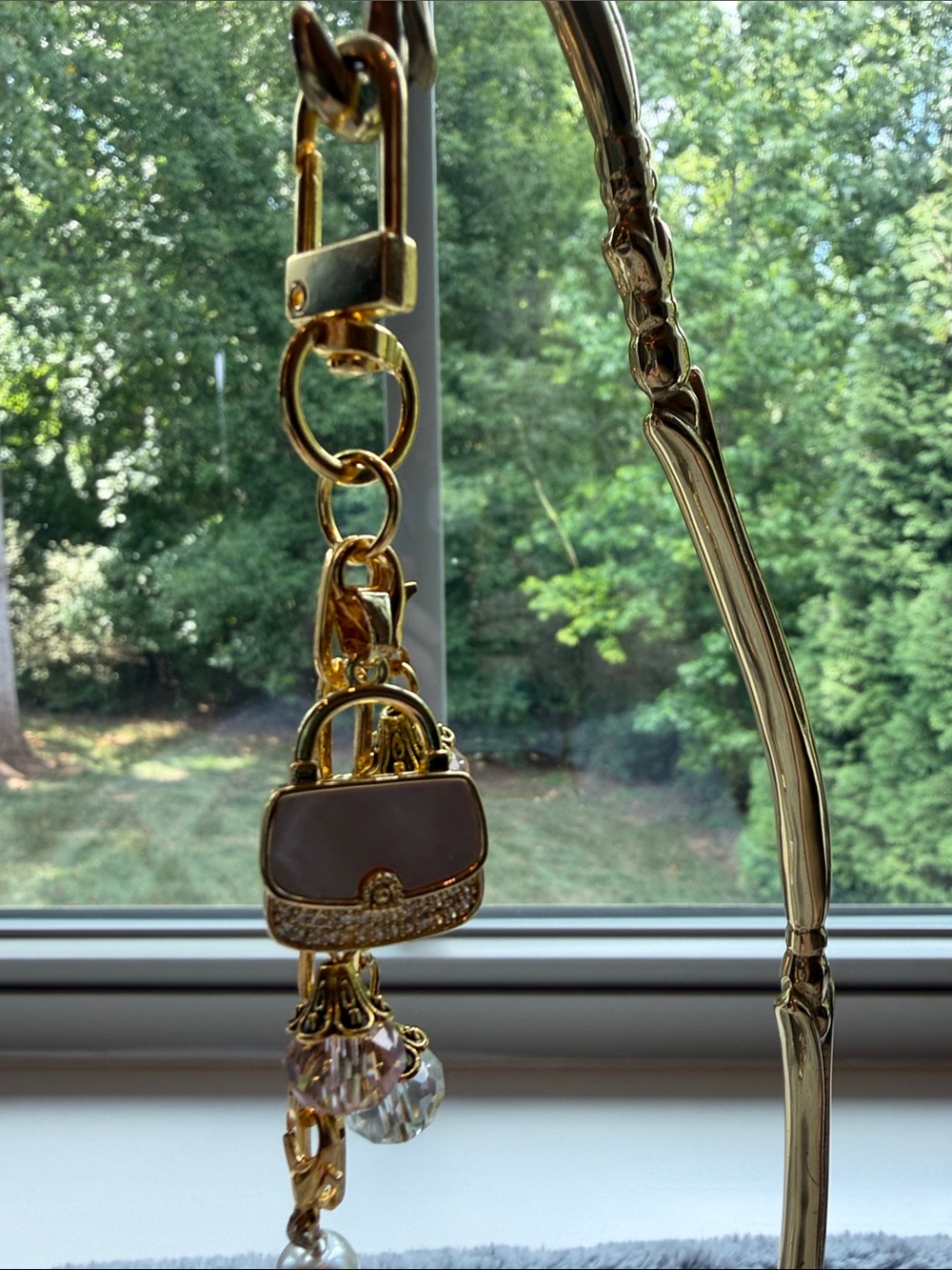 Gold filled pink shell Handbag Charm with crystal accents.